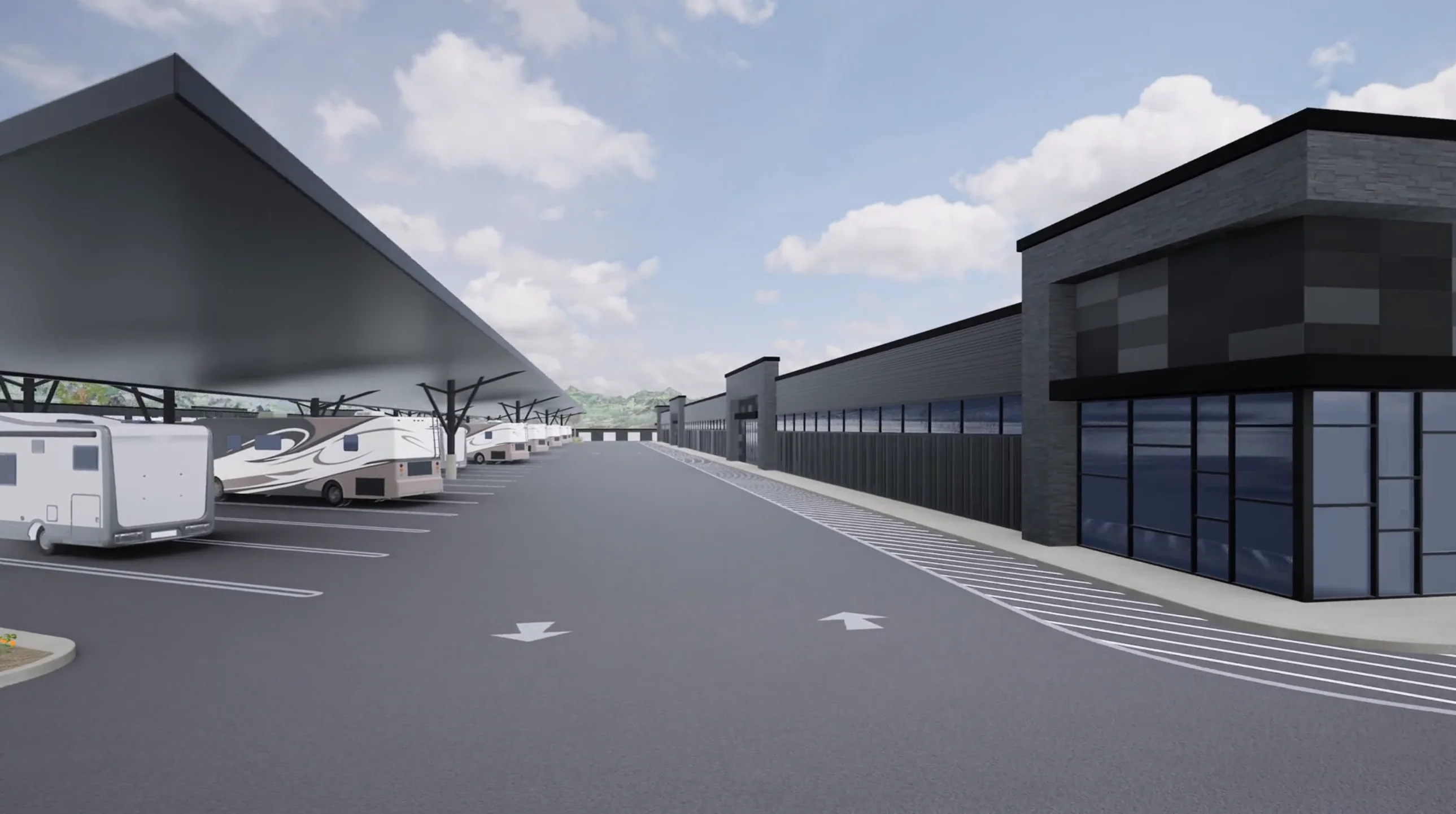 Rendering of covered RV storage and modern storage buildings